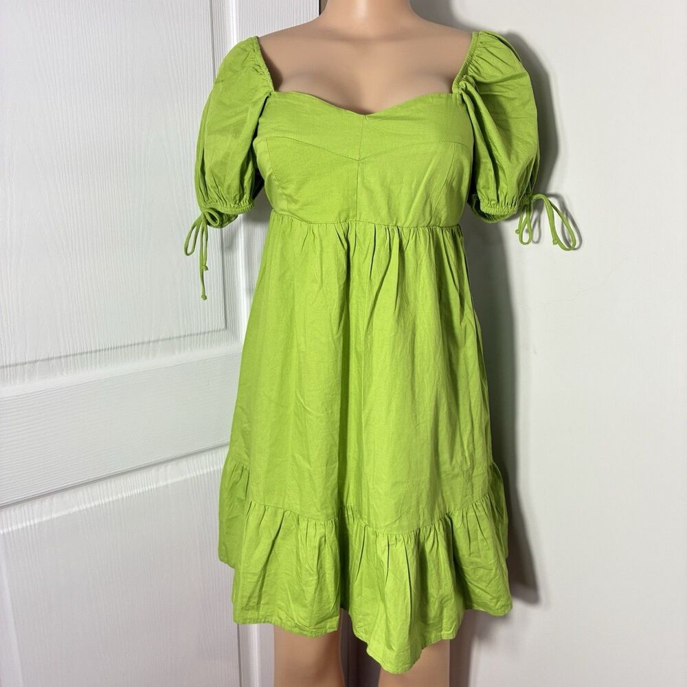 Sim & Sam Sun Dress L Peasant Green Tiered Puff Sleeve Smocked Cotton
